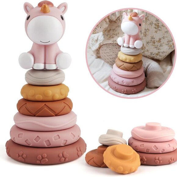 Other - 7 Pcs Stacking & Nesting Baby Toys, Squeeze Teething Toys and Building Circle wi